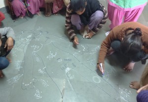 Body Mapping exercise. Girls drawing and discussing the body parts.